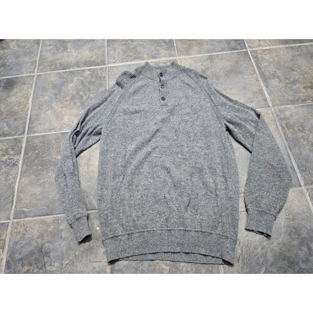 Alex Cannon Sweater Mens XL Grey Merino Wool Blend Italian Yarn Mock Neck Button